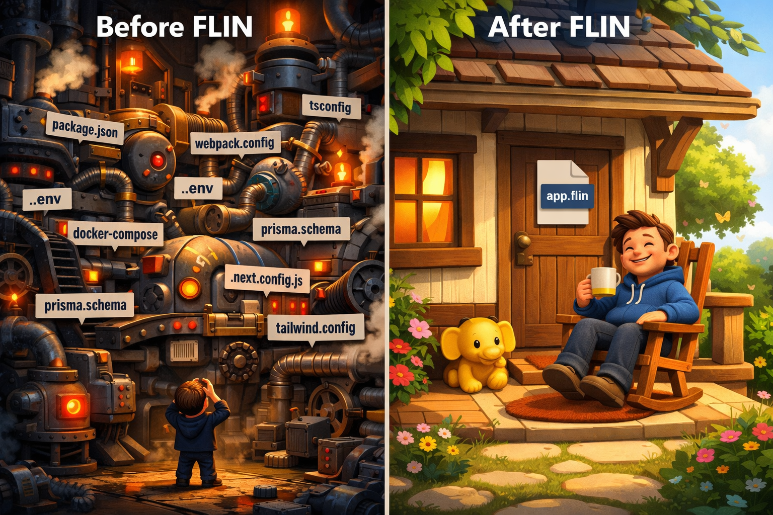 Before FLIN: complex configuration mess. After FLIN: just app.flin