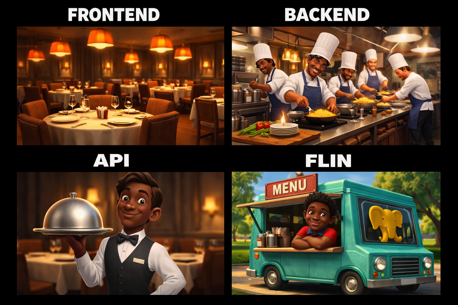 Frontend is the dining room, Backend is the kitchen, API is the waiter, FLIN is the food truck